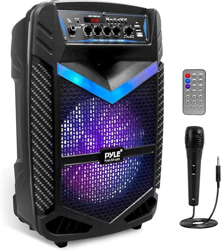 Pyle Kraftfull bluetooth-högtalare - 600 W, bärbar ljudhögtalare, LED-belysning, inbyggt uppladdningsbart batteri, 10 tums subwoofer och 1-tums diskant, inspelningsfunktion, Micro Wired — Hörlurar och ljud