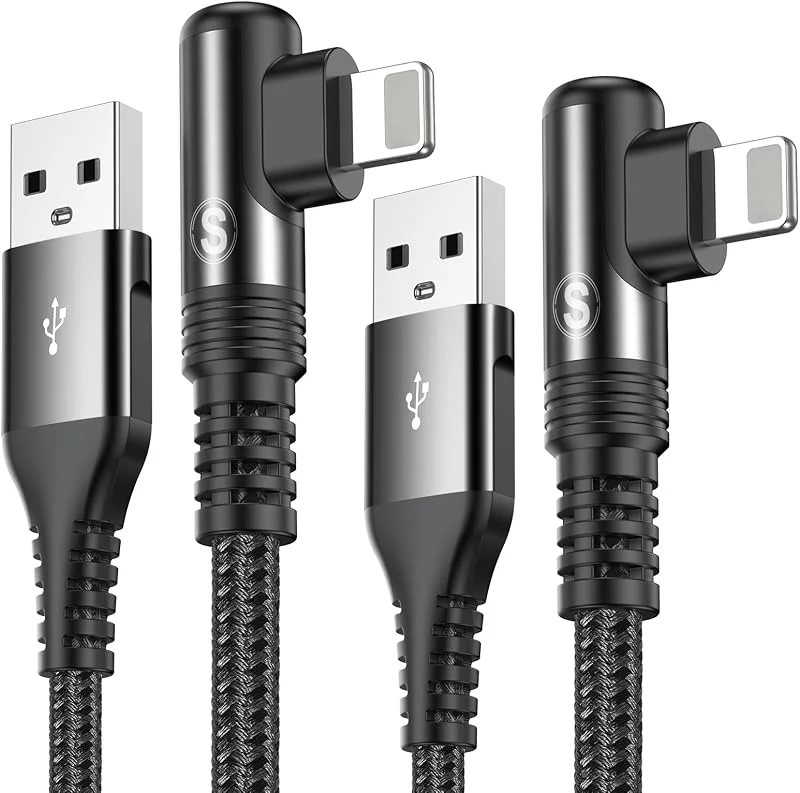 sweguard iPhone-laddningskabel, [1m+2m, 2-pack] 90-graders Lightning-kabel snabbladdning nylonflätad ultratålig för iPhone 14 13 12 11 Pro, Pro Max, Mini, XR XS Max X, 8, 7, 6, 6s, 5s, 5 — Mobil och surfplatta