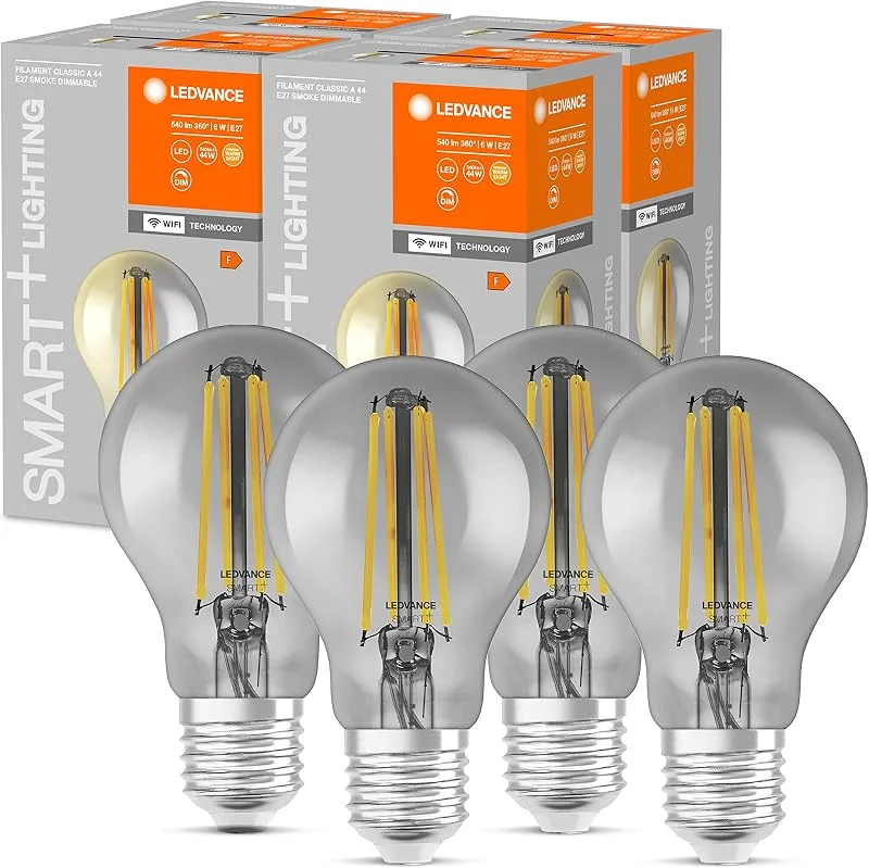 LEDVANCE Smart LED-Lampor med Wifi, E27, dimbar, varmvit, glödLampor, klar glödtråd i rökglas, ersätter vanliga 44W-lampor, kontrollerbar med Alexa, Google och app, 4-pack. — Smarta hem