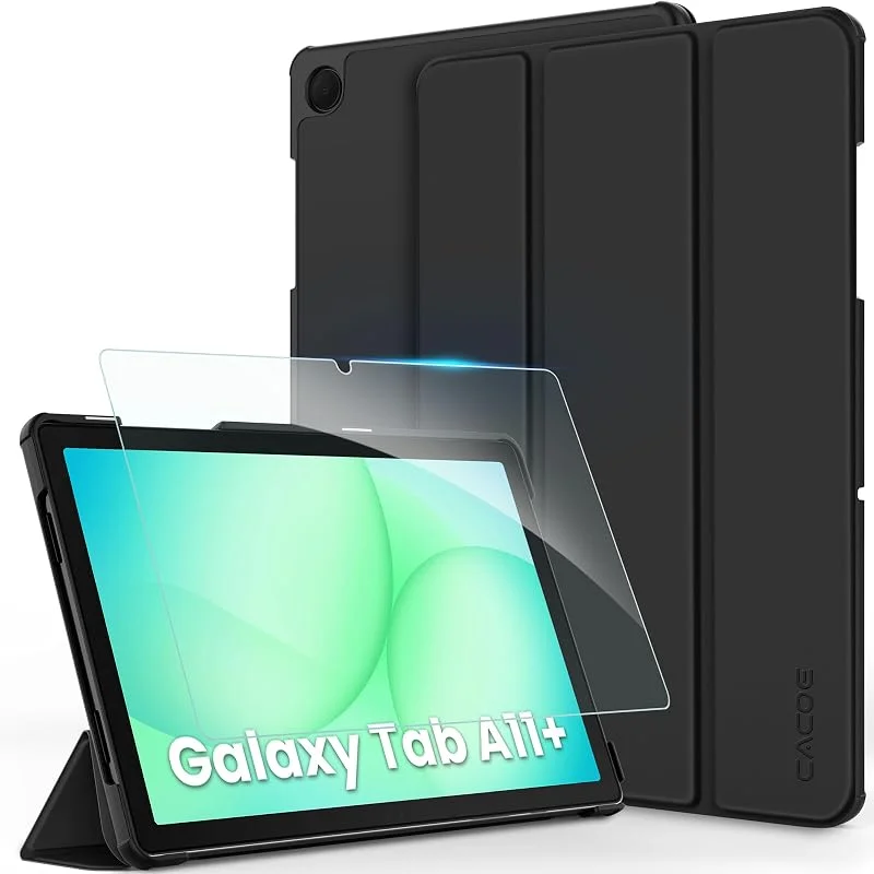 CACOE-fodral för Samsung Galaxy A11+ Plus surfplatta med skärmskydd 11 tum 2025 (SM-X236B, SM-X230) – Heltäckande ultratunt skal med stativ, svart — Mobil och surfplatta