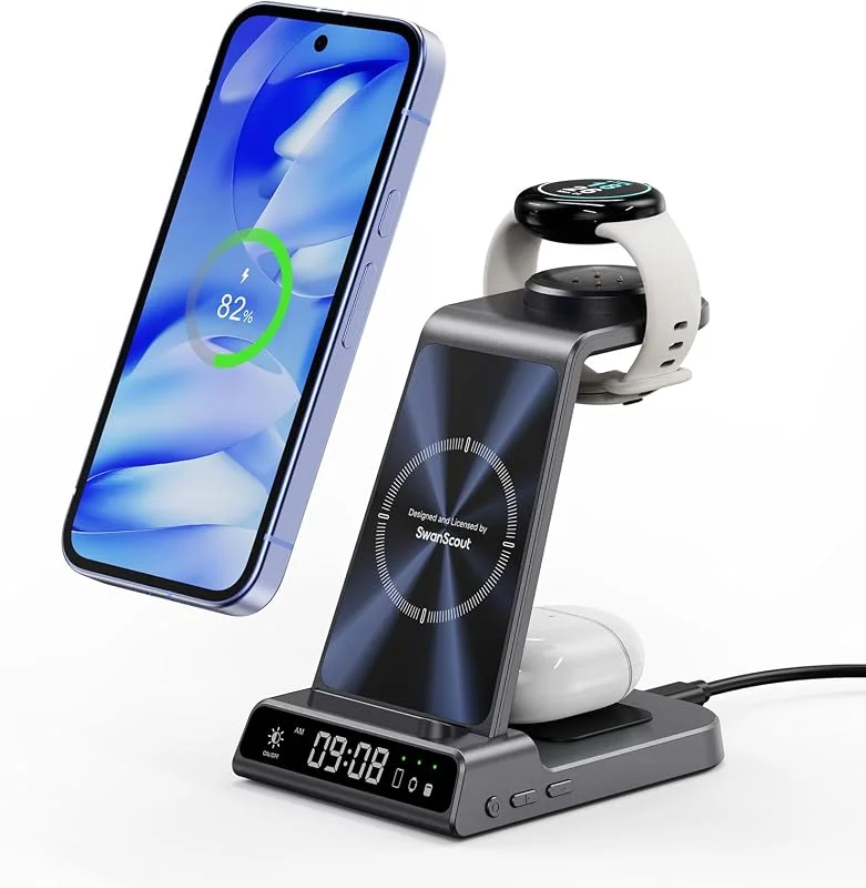 SwanScout Trådlös Laddare för Google Pixel Watch 3, 2, Fitbit Versa 4, 3, 3 i 1 Laddstation för Google Pixel 10a, 10 Pro, 10 Pro XL, 10, 9a, 8, 7, 6, Wireless Charger för Pixel Buds (Not för Pixel Watch 4, 1) — Mobil och surfplatta