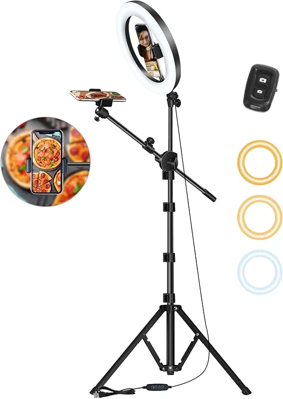LUXSURE 10, 5 tums ringlampa med stativ 75 tum hög och 2 telefonhållare, overheadstativ med fjärrkontroll för iPhone, stativ med ringlampa för matlagning, livestream, videoinspelning — Mobil och surfplatta