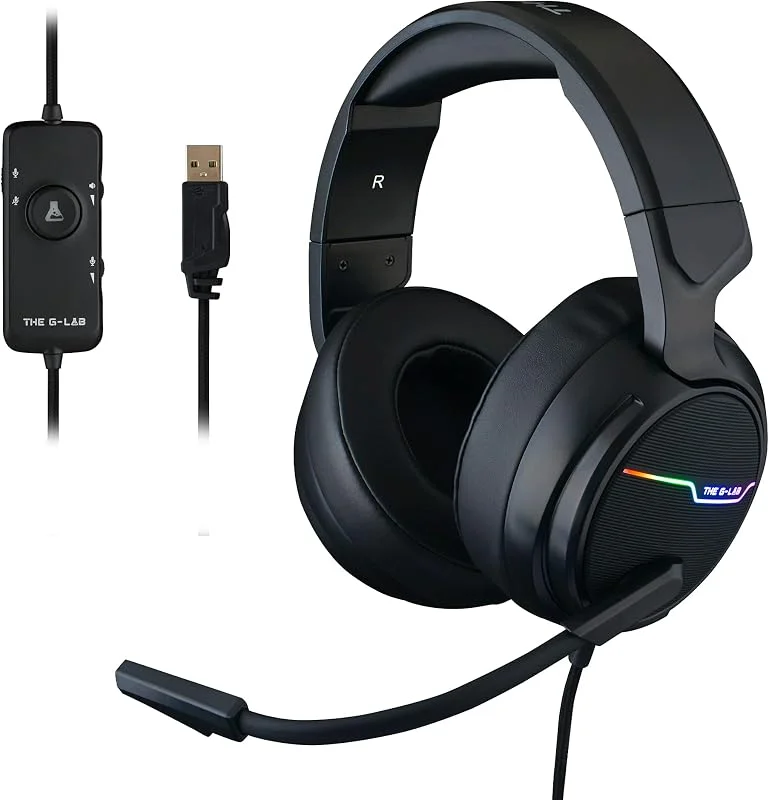 G-LAB Korp THALLIUM Gaming Headset USB Sound 7.1 Digital Surround - Audio Gamer Headset - Brusreducerande mikrofon - LED RGB - PC-kompatibel PS4 Mac (svart) — Hörlurar och ljud