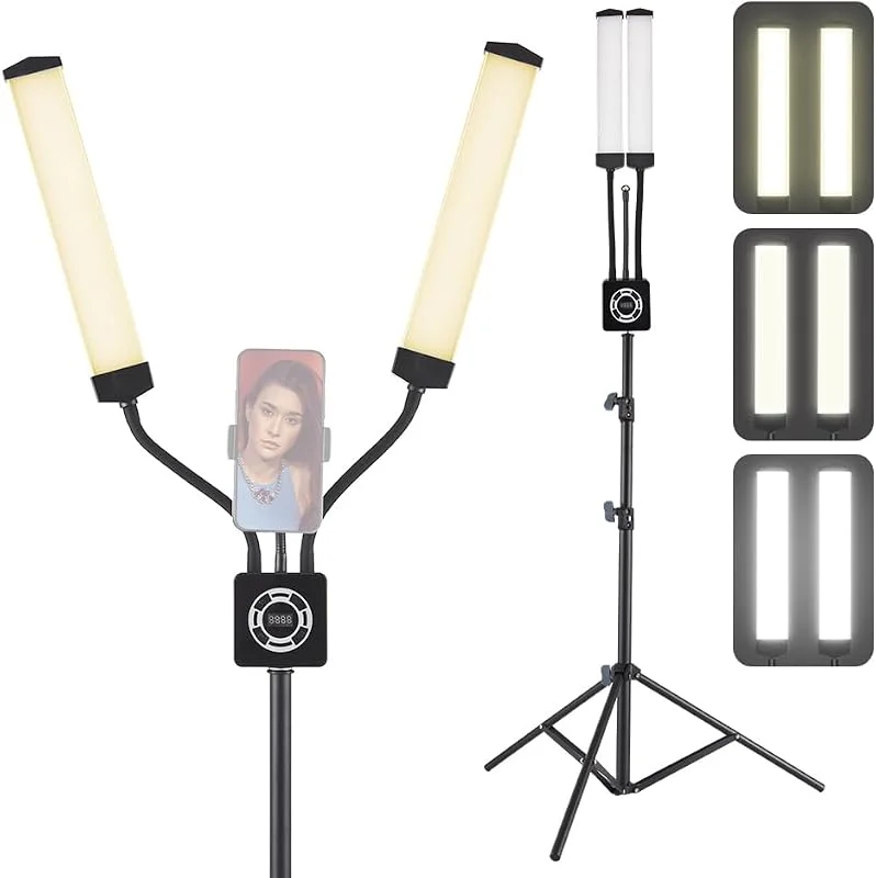 Andoer LED-ljusset, 50 W, 3 200K–5 600 K, dubbel fyllarm, studioljus, telefonklämma, stativ, fjärrkontroll — Mobil och surfplatta