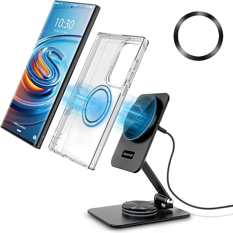 Magnetisk trådlös laddare för Samsung Galaxy S25 Ultra, S24, hopfällbart resemagsäkert laddningsstativ för iPhone 16, 15, 14, Pixel 9 Pro, 8, aluminiumstativ magnet androtelefonladdare 360° rotationsbas — Mobil och surfplatta