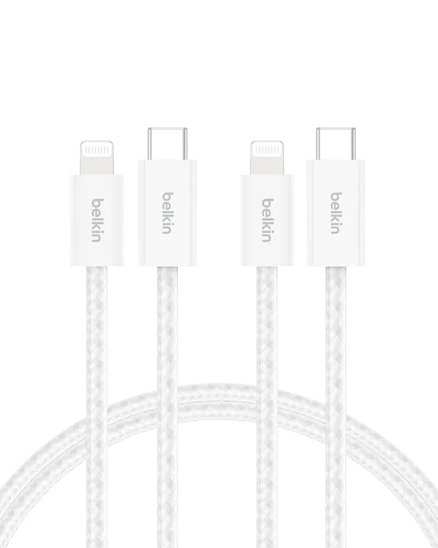 Belkin 2-Pack Flätad Kabel för USB-C med Lightning, 1.5 m - Mjuk, flexibel snabbladdningskabel, laddningskabel med Lightning för iPhone 14 och tidigare serier, iPad 9:e gen. samt AirPods - Vit — Mobil och surfplatta