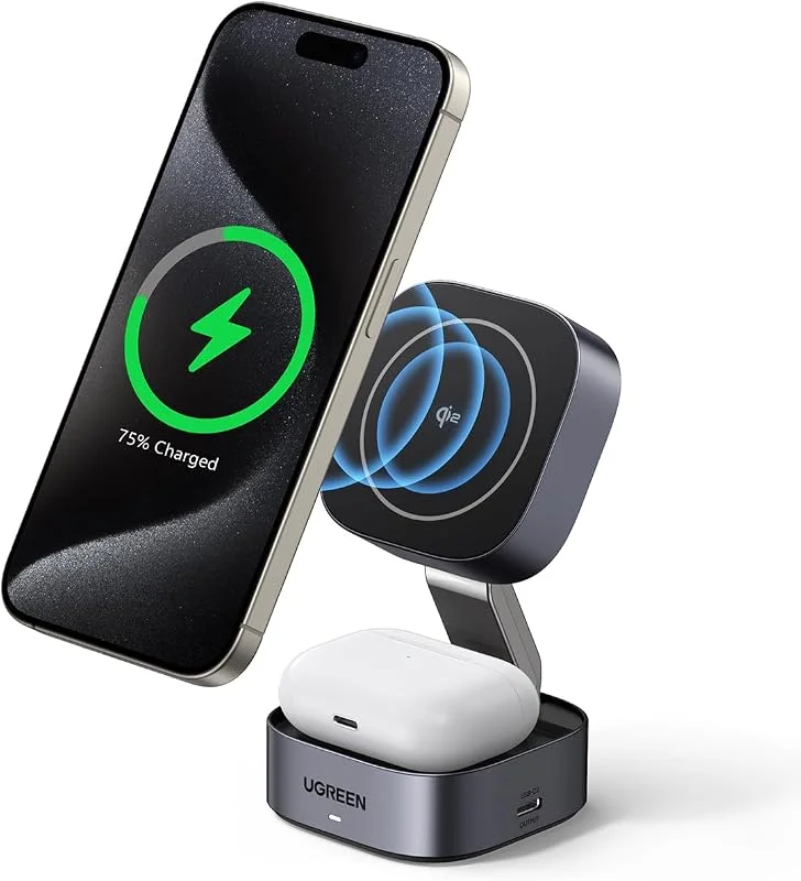 UGREEN MagFlow Qi2 15W 2-i-1 iPhone hopfällbar laddningsstation med MagSafe — Mobil och surfplatta