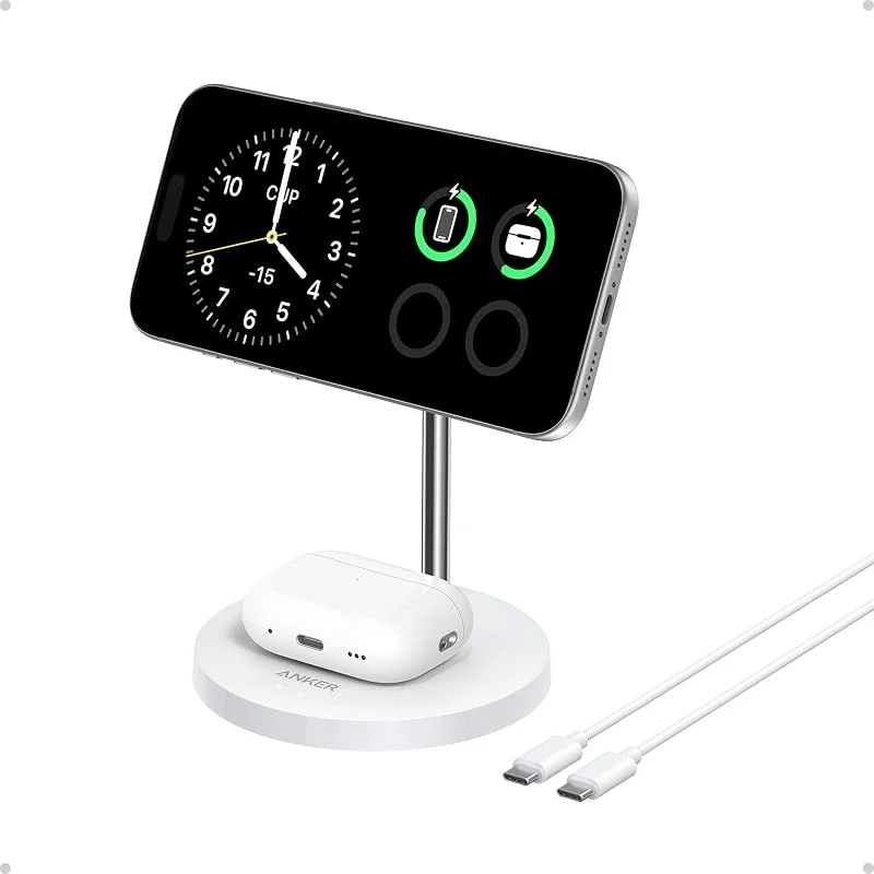 Anker 2-i-1 trådlös laddningsstation, 15W trådlöst laddningsställ, kompatibel med iPhone 16, 16 Pro, 16 Pro Max, 15, AirPods Pro 2 (Vit) — Mobil och surfplatta
