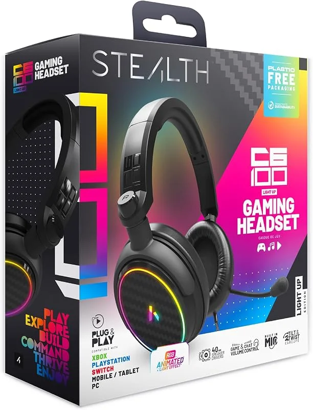 Stealth C6-100 LED Over Ear spelheadset PS4, PS5, XBOX, Nintendo Switch, PC med flexibel mikrofon, 3, 5 mm uttag, 1, 5 m kabel, lätt, bekväm och hållbar — Hörlurar och ljud