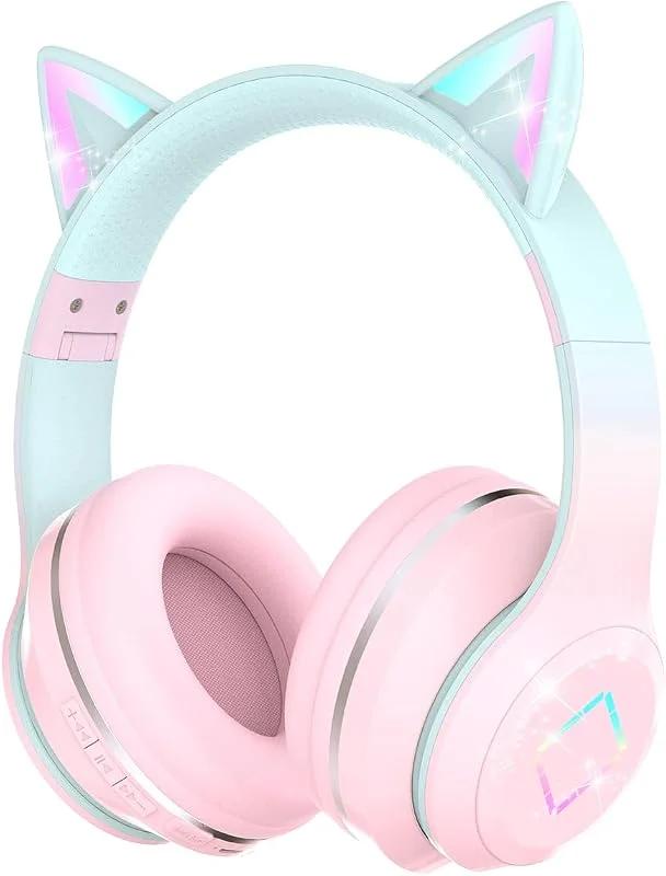 Barnhörlurar Bluetooth 5.1, stereoljud, vikbart pannband, mikrofon över örat, trådlösa, LED-upplysta (rosa, surfplatta, skola) — Hörlurar och ljud