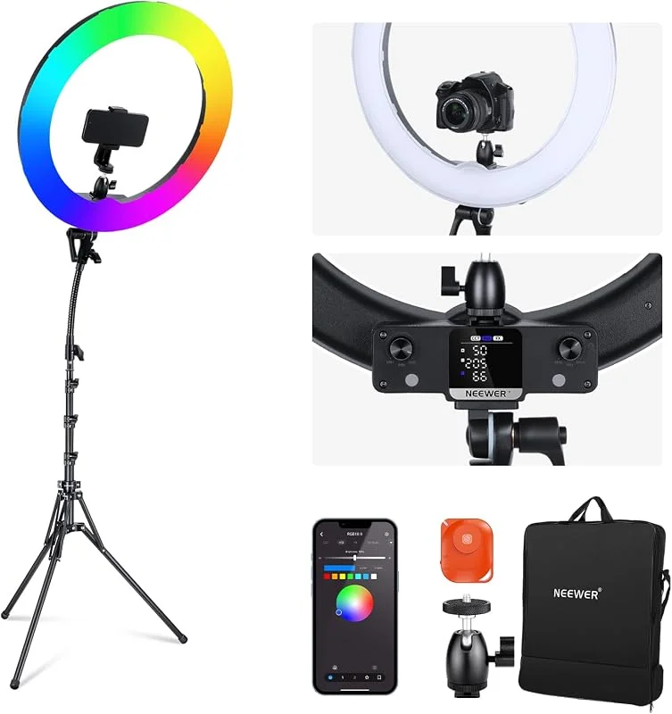 NEEWER 18" RGB LED-ringljus med APP-styrning, stativ och telefonhållare, 42W dimbart, 2500–10, 000K, GM ± 50 tvåfärgat, CRI97+, TLCI98+, 360° fullfärg, 18 scener för selfie, TikTok och vlogg, RGB18 II — Mobil och surfplatta