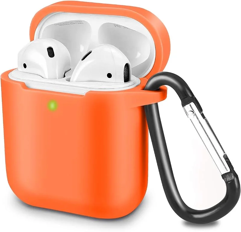 Airpod-fodral kompatibelt med AirPods 2 och 1, KOKOKA silikon stöttåligt Airpods-fodral skydd [främre LED synlig] [Stödjer trådlös laddning] [Extra skydd] med hake, orange — Mobil och surfplatta