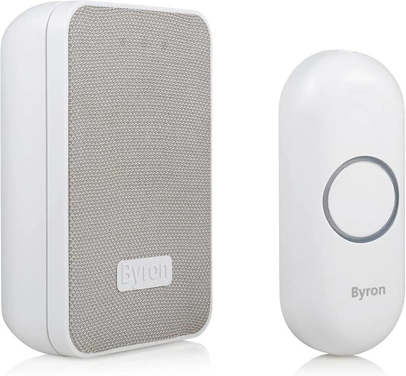 Byron DBY-22321 trådlös dörrklocka, 16 melodier och upp till 150 m räckvidd, kan anslutas till 6 ringklockor, 5 nivåer volym, klocka och ringklocka med batteri, vit — Smarta hem