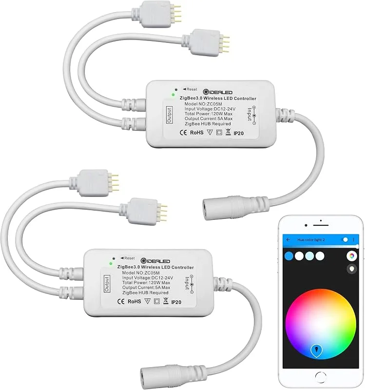 GIDEALED 2-pack Smart ZigBee 3.0 LED-styrenhet, 2 utgångar för 4-stifts RGB LED-remsa dimmer kompatibel med Hub Bridge, Amazon Echo Plus, Echo show (2Gen) app, Alexa röststyrning, stämningsbelysning — Smarta hem