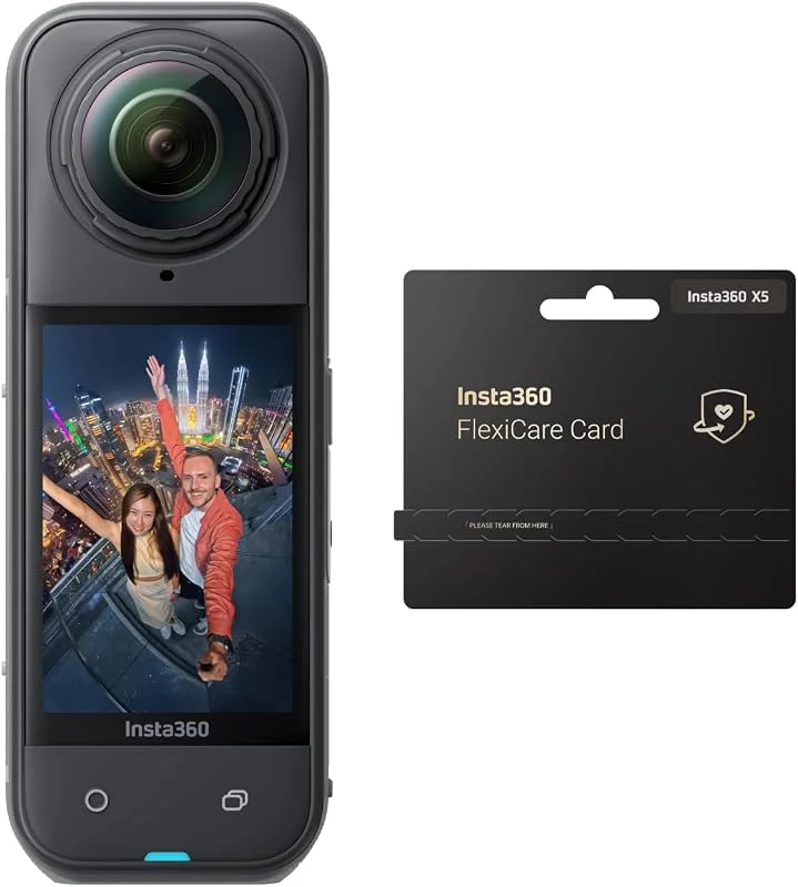 Insta360 X5 Flexicare-paket – vattentät 8K 360° actionkamera, spets i svagt ljus, osynlig selfie-stick-effekt, robust utbytbar lins, 3 timmars batteri, integr. Vindskydd, stabilisering — Mobil och surfplatta