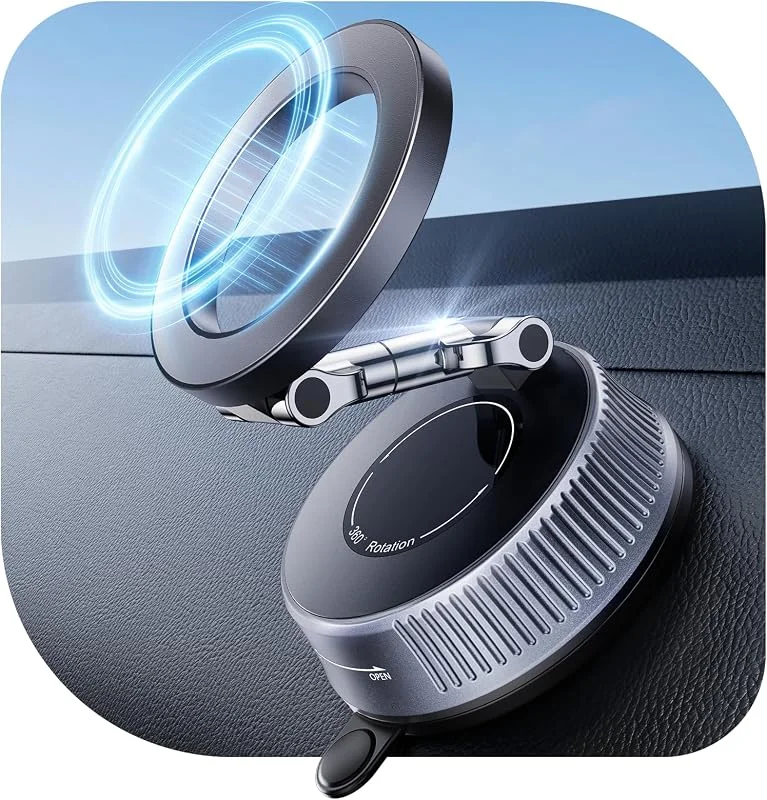 EOIWUY Magnetiskt Mobilstöd för Bil med Vakuum Gel Nano Sugekop, Justerbart 360° & Fällbart Telemobilstöd för MagSafe, Inkluderar Metallring, Universellt för iPhone, Android — Mobil och surfplatta
