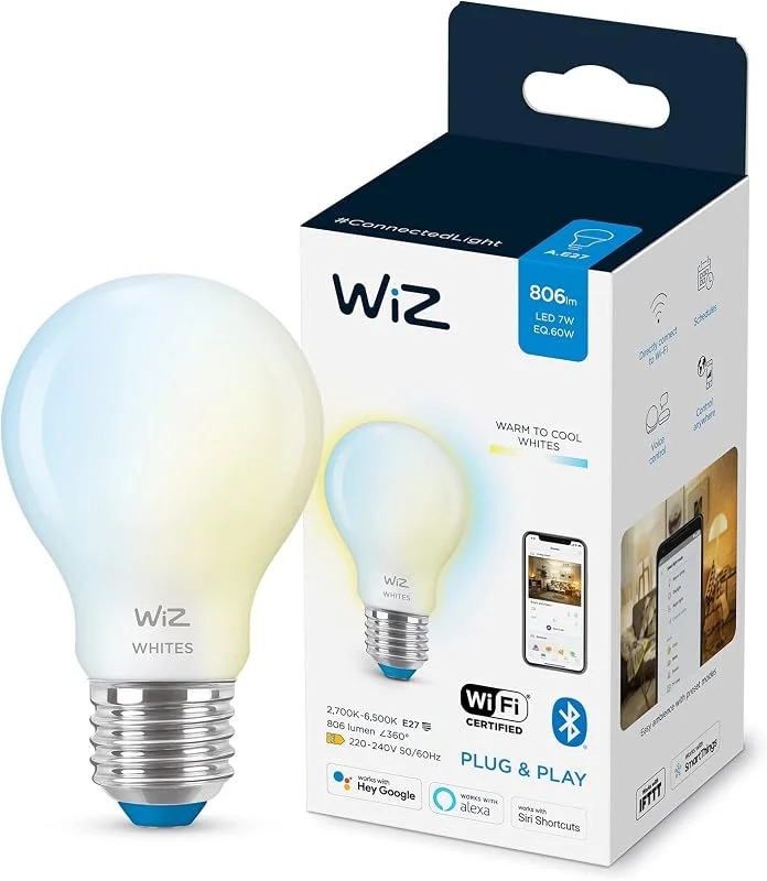 WiZ Tunable White - Smart LED belysning (WiFi och Bluetooth), 60W, A60, E27, 2700-6500 Kelvin, Dimbar i kallvitt till varmvitt — Smarta hem