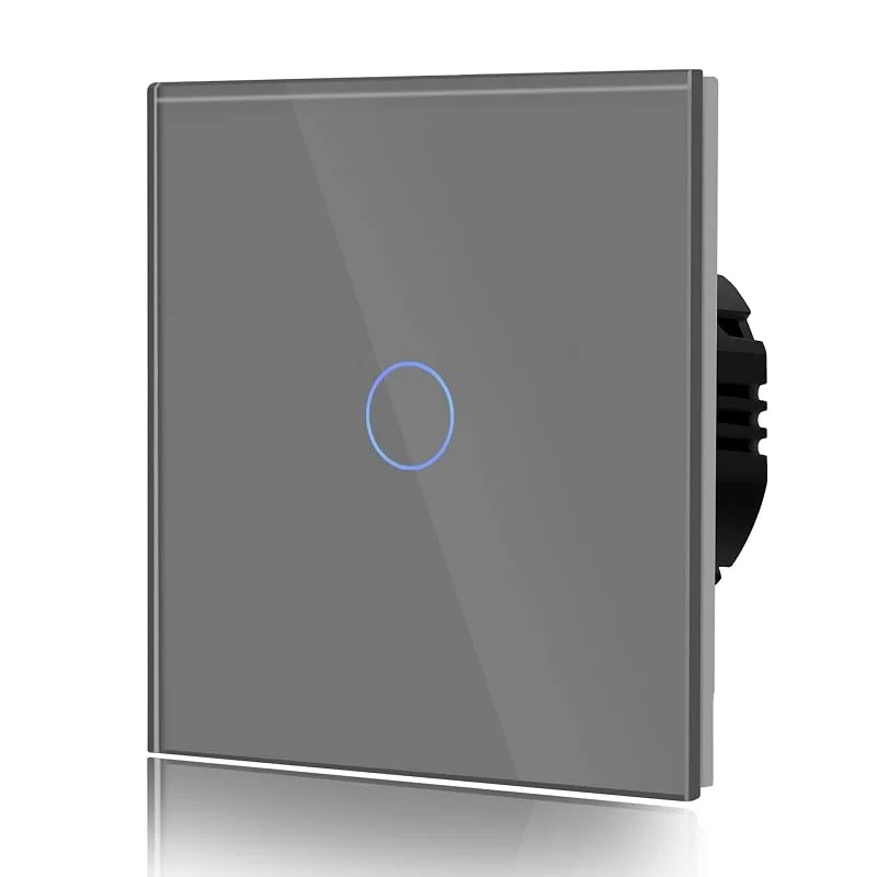 BSEED Touch-strömbrytare i glaspanel, ingen wifi, 1 gäng, 1-vägs, LED-lampa, härdat glass, pekskärm, 240 V, vägg, lampa, brytare, grå — Smarta hem