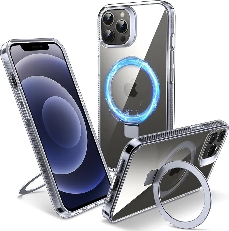 Magnetiskt fodral för iPhone 12 Pro Max – [inbyggt osynligt stativ] [kompatibelt med MagSafe] [militärkvalitet droppskydd] anti-gulnande hård baksida silikon kantskydd, 6, 7 tum, klar — Mobil och surfplatta