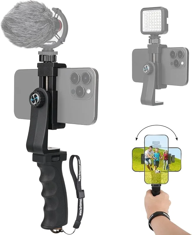 Ergonomisk anti-fall mobiltelefon handtag stabilisator smartphone hållare rig video kit bärbar selfie stick stativ för iPhone Samsung (liggande format porträttformat) expanderbar mikrofon, videoljus — Mobil och surfplatta