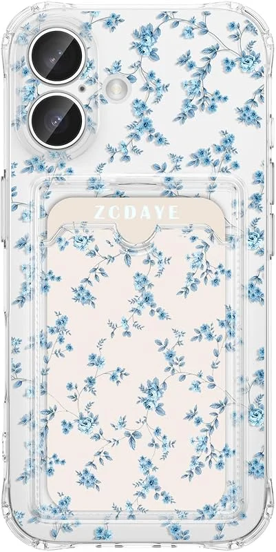 ZCDAYE Fodral för iPhone 16 med korthållare, söta blommor mönster mobiltelefonfodral TPU klart fodral elegant dam mobiltelefonfodral stabil ädel väska för iPhone 16 (6, 1 tum), elegant blå — Mobil och surfplatta