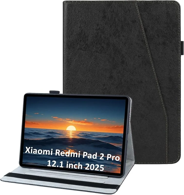 Fodral för Xiaomi Redmi Pad 2 Pro 12.1 tum (30.7 cm) 2025, Skyddsfodral med Kortplatser, Vikbart Stativ och PU-Läderfodral, Typ Foliofodral, Svart — Mobil och surfplatta