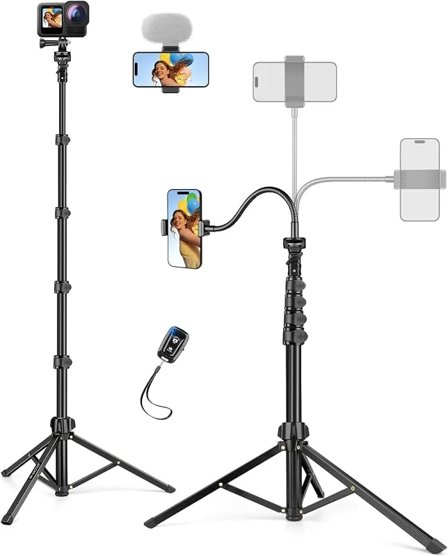 JOILCAN 200cm Högt Stativ för Smartphone med 25cm Svanhals, Telefonstativ för iPhone 17, 16, Pro Max, Flexibel Telefonhållare för Takmontering med Fjärrkontroll & Telefonklämma, Aluminium-Kamerastativ — Mobil och surfplatta