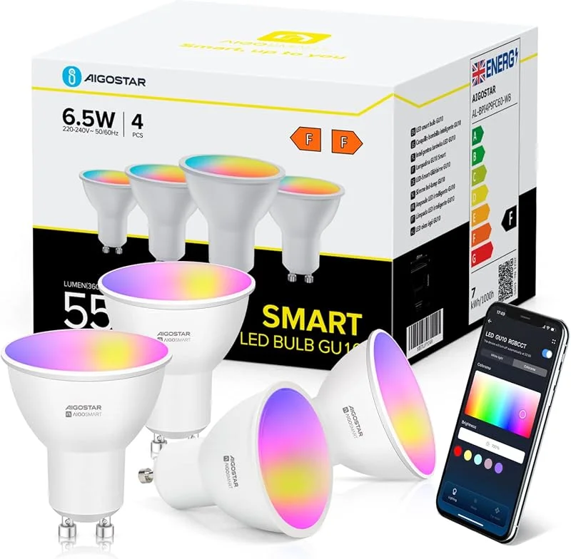 Aigostar Wifi LED-lampa GU10 smart glödlampa 7W 555LM, Alexa-glödlampor RGB & 2700K-6500K dimbar, ansluten, WiFi, kompatibel med Google Home, Alexa, 4 delar — Smarta hem