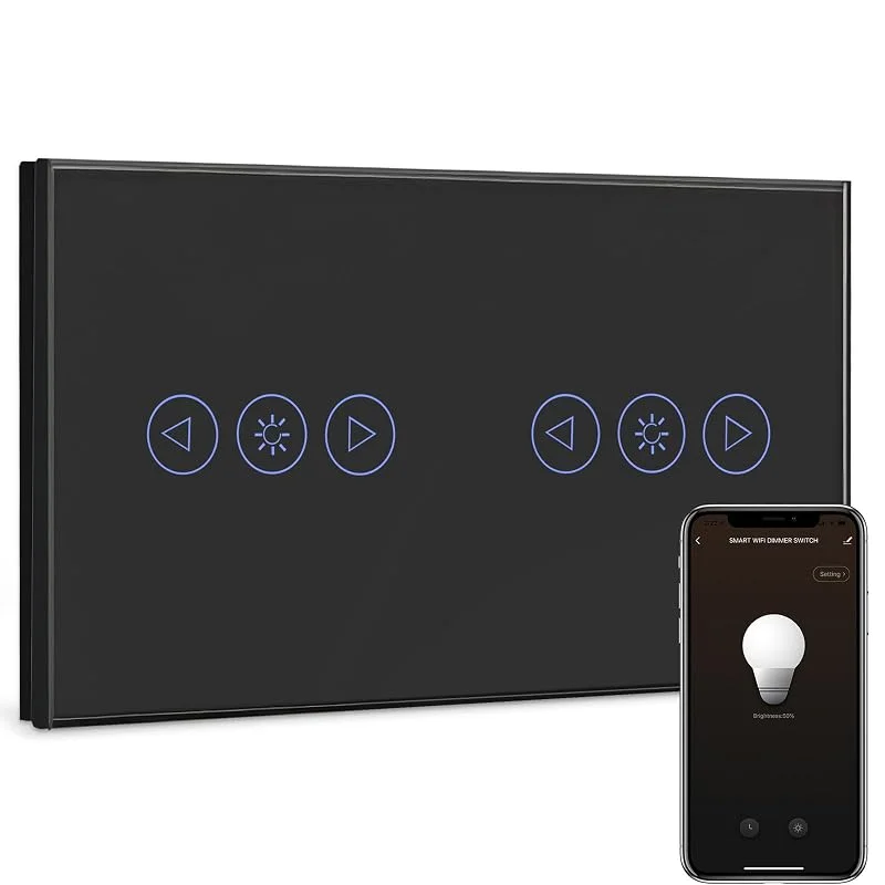 BSEED Smart dimmer strömbrytare dubbel 1 fack 1 väg wifi smart led dimmer strömbrytare fungerar med Alexa, touch väggströmbrytare glas pekskärm svart (neutral ledare krävs) — Smarta hem