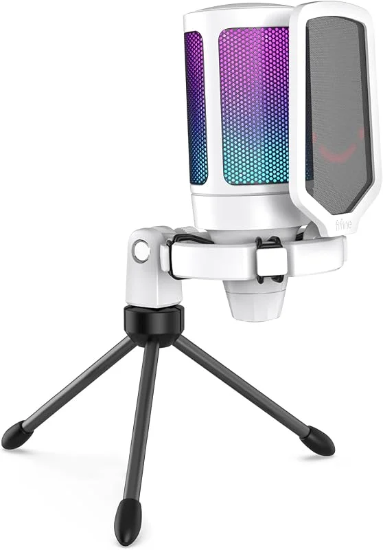 FIFINE USB-spelmikrofon, RGB PS5 mikrofonkondensator för PC, med tystnadsknapp, stötsäker montering, stativstativ, popfilter, för streaming discord Twitch podcasts videor - A6W — Hörlurar och ljud