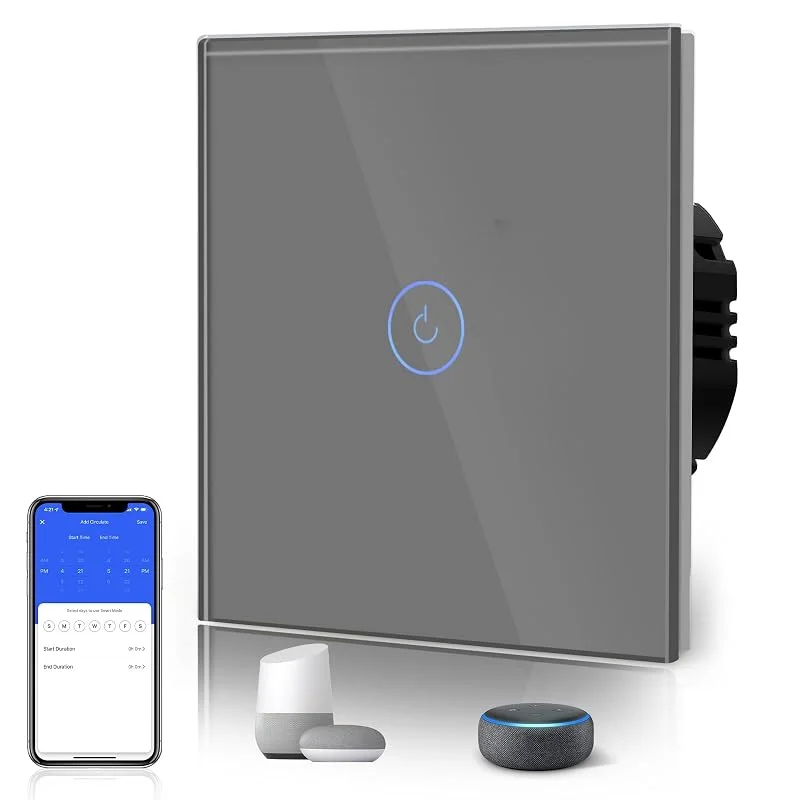 BSEED Smart ljusströmbrytare, WiFi touch-glasomkopplare för 2, 4 G nätverk, Alexa omkopplare med LED-indikator, kontroll av SmartLife APP, neutral kabel krävs, 1 gäng - behöver neutral, 86 mm grå — Smart belysning