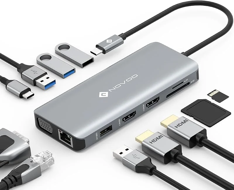 NOVOO USB C Hub med 2 HDMI, 11 portar Typ C dockningsstation för bärbar dator, RJ45 Gigabit Ethernet, 2 USB 3.0, 2 USB 2.0, VGA, Type C 100W PD, SD, TF-kort för MacBook Pro, Air och fler Type C-enheter — Laddning och kablar