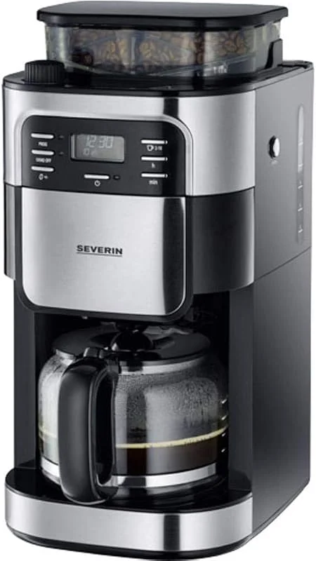 SEVERIN kaffebryggare med kvarn, kaffebryggare med glaskanna och timerfunktion, även som filterkaffebryggare, glaskaffekanna för 8 koppar, 1000 W, svart, rostfritt stål, KA 4810 — Kök & Hushåll