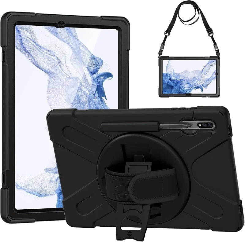 Gerutek Fodral för Samsung Galaxy Tab S10 Plus, Tab S9 FE+ Plus, Tab S9 Plus, Tab S8+, Tab S7 FE, Tab S7 12, 4 tum, stötsäkert robust skyddsfodral med pennhållare, vridbart stativ och axelrem, svart — Mobil och surfplatta