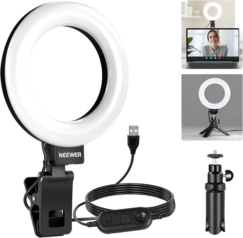 NEEWER BASICS 5 tum ringljus med klämma och ministativ, 10 W 3 000 – 6 000 K, dimbar lampa för bärbar dator, datorskärm, videokonferenser, selfie, Vlog Makeup, Live Streaming, videoinspelning — Mobil och surfplatta