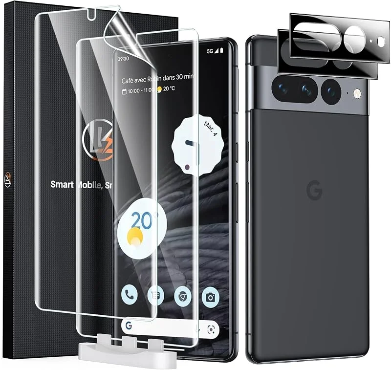 LK 2+2 skärmskydd för Google Pixel 7 Pro, 2-pack skärmskydd och 2-pack kameraskydd, reptåligt och slitstarkt, stöder fingeravtrycksidentifiering, Ultra HD-skärmskydd — Mobil och surfplatta