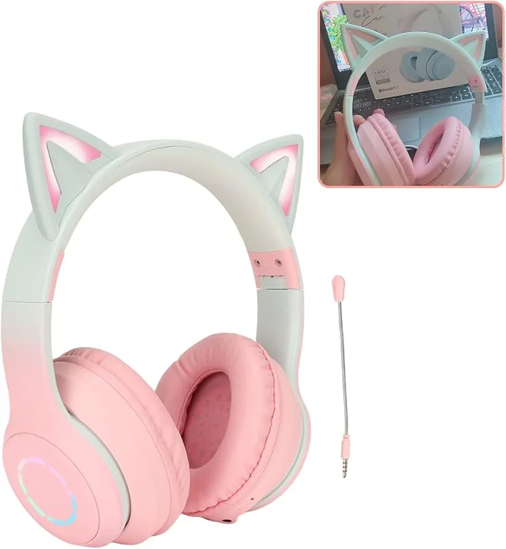 Cat Ear-hörlurar, Trådlösa Spelheadset Via Bluetooth 5, 1, 3, 5 Mm AUX-kabel, Hopfällbara Hörlurar med 7 Färger LED-lampor och 4 LED-lägen för Flickor, Vuxna(rosa) — Hörlurar och ljud