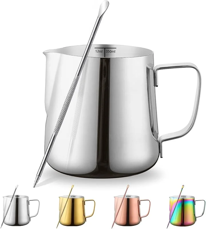 Mjölkskumningskanna 12 oz - 350 ml, Kyraton Espressoångkokare i rostfritt stål med dekorationspenna, Mjölk kaffeskumningskoppar Cappuccino Latte Art Barista ångkokare Mjölkkanna (Silver) — Kök & Hushåll