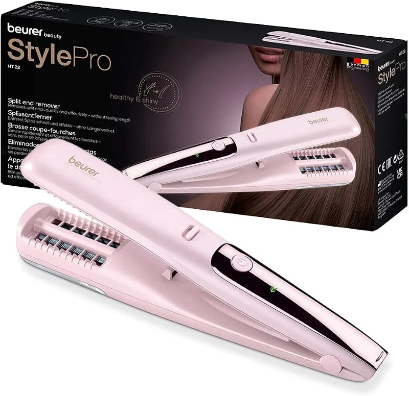 Beurer HT 22 split end remover, avlägsnar kluvna hårtoppar och trasiga hårspetsar snabbt och effektivt, utan förlust av längd för ett friskt hår, med LED-display, 2h batteritid, rosa — Hårvård