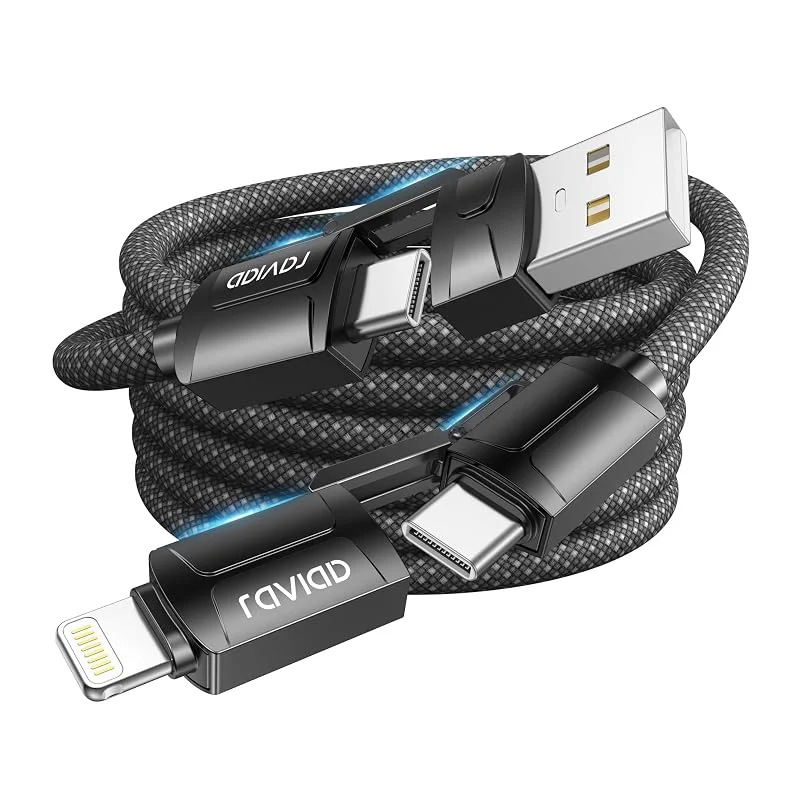 RAVIAD Multi USB-kabel, universell laddningskabel [3M] nylon snabb 4-i-1 flera laddningskabel 60 W PD med USBC, USBA till Lightning, USBC, USBA till USBC för iPhone 16, 15, Samsung Galaxy, Huawei – svart — Mobil och surfplatta