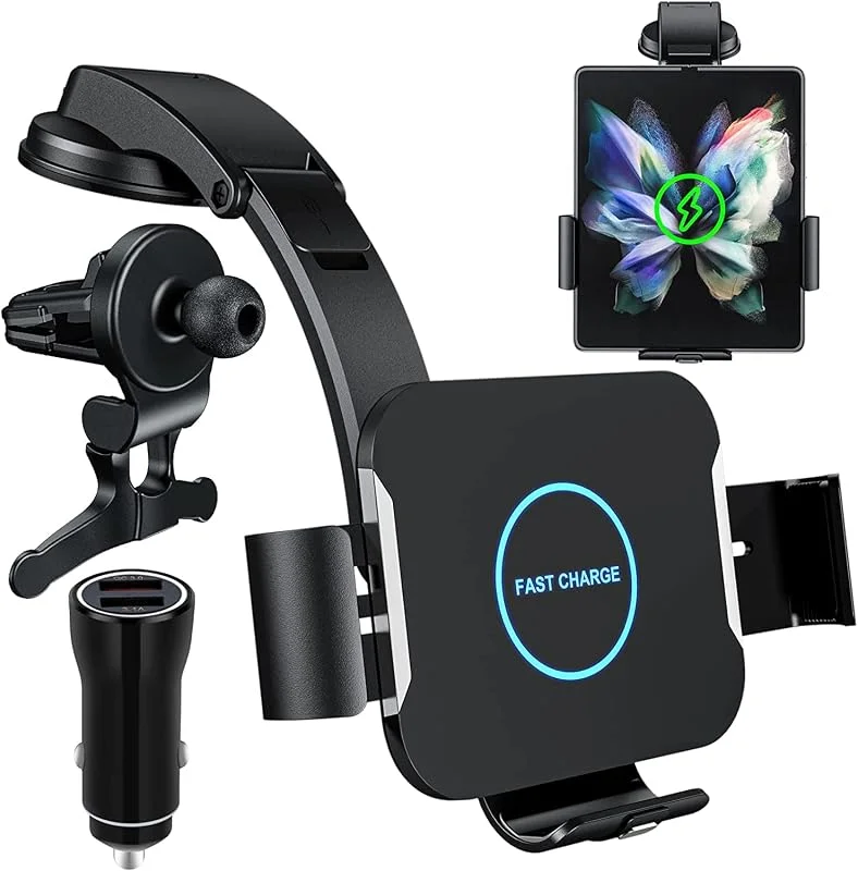 Qoosea Trådlös billaddare 15 W Qi snabbladdande automatisk fastspänning bilfäste för luftventil och instrumentbräda, biltelefonhållare kompatibel med Samsung Galaxy Z Fold 7, 6, 5, 4, 3, Fold 2 iPhone — Mobil och surfplatta