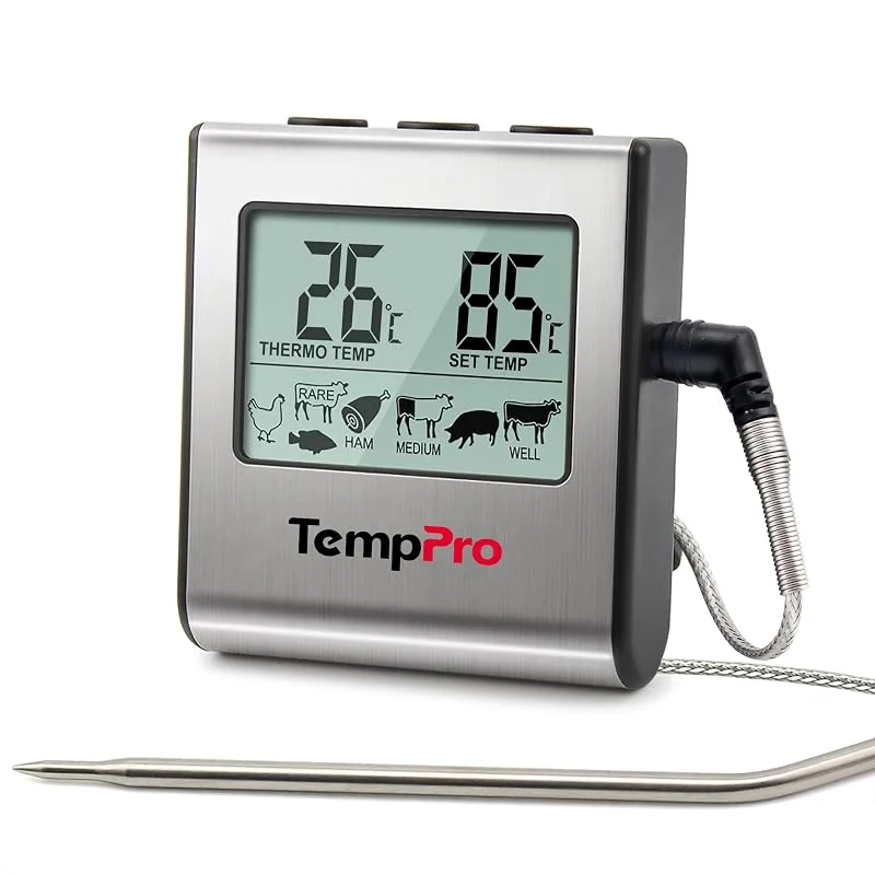 ThermoPro TP16B Digital köttkökstermometer med stor LCD-skärm för rökhus, ugn, grilltermometer med timer och temperatursensor i rostfritt stål — Kök & Hushåll