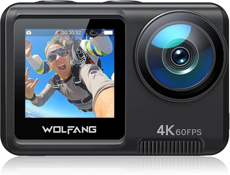 WOLFANG GA420 Action Cam 4K 60FPS 20MP WiFi Undervattenskamera 40M Vattentät EIS Bildstabilisator Dubbelskärmshjälmkamera (extern mikrofon, fjärrkontroll, 2x1350mAh batterier och tillbehörssats) — Portabel digital och ljud