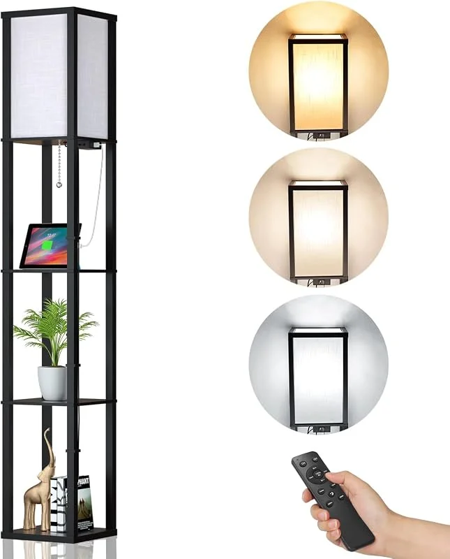 Golvlampa trä med fjärrkontroll, golvlampa med hyllor 3 färgtemperaturer 3000-5000k, 2 USB laddningsanslutningar, lek lampa trähylla med E27-glödlampa, hörnhylla hyllbelysning retro för vardagsrummet — Smart belysning