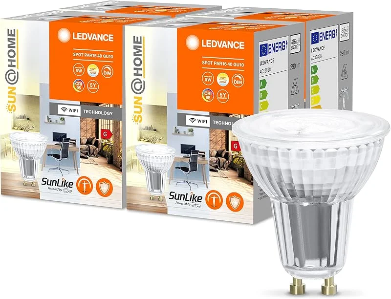 LEDVANCE SUN@HOME LED-Lampor GU10 med 4, 9W ersätter 40W, 268 Lm, solljus till öppen spis (2200-5000K), CRI95, SUN@HOME Smart WIFI-ljus som kan styras via Alexa, Google och app, 4-pack — Smarta hem
