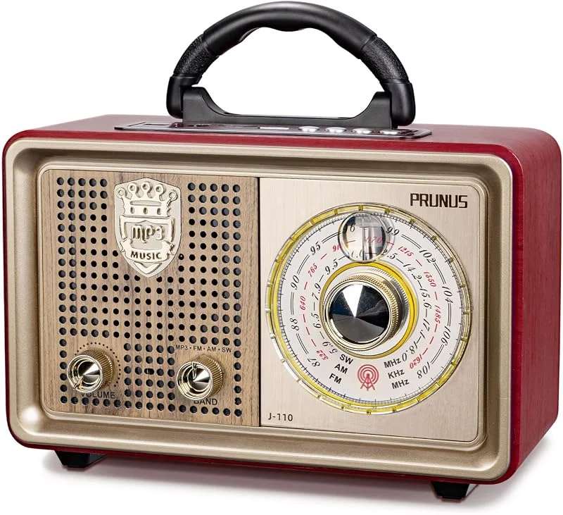 PRUNUS J-110 Klassisk Vintage Radio FM AM(MW) SW, Trädesign med Extra Stor Inställningsratt, Bluetooth Högtalare, Stöder TF, AUX, USB MP3-spelare (Silver) — Portabel digital och ljud