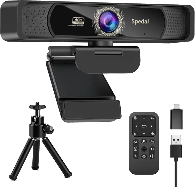 Spedal 4K Webbkamera med Stativ – 8MP Ultra HD USB-Webcam, 120° Vidvinkel, Premium 1, 2.8" Sensor, Dubbla Mikrofoner, Fjärrkontroll & Autofokus. För Videokonferenser, Streaming, Zoom & Teams — Datortillbehör