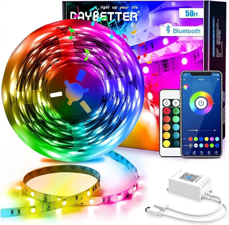 DAYBETTER LED-remsa, 15 m, 5050 RGB LED-remsa, Bluetooth, app-kontroll, LED-ljusremsa, musiksynkronisering med fjärrkontroll för sovrum, kök, vardagsrum och TV — Smart belysning
