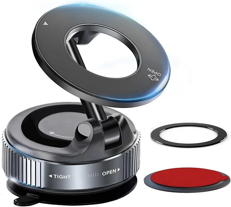 HA BIN Mobilhållare bil med magnetisk ring – stark vakuumfastsättning och 360° justerbar metallarm, kompakt vikbar för alla mobiltelefoner, universell för ventilationsgaller (svart) — Mobil och surfplatta