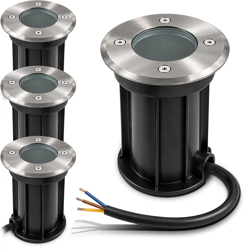 linovum BORU Set om 4 infällbara golvlampor för GU10 – utomhusgolvspotlight, IP67, tillgängliga, runda, borstade, anslutningskablar, 230 V — Smart belysning